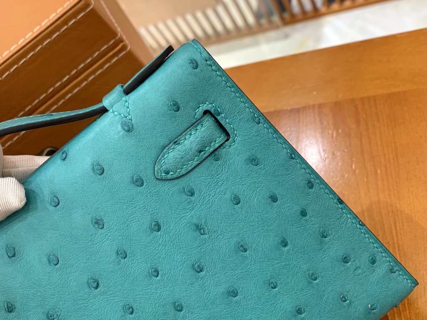 Hermes 爱马仕 【现货】 Mini Kelly 一代  7V Lagon 湖水绿 南非KK级鸵鸟皮 金扣 进口蜜蜡线 全手工制作