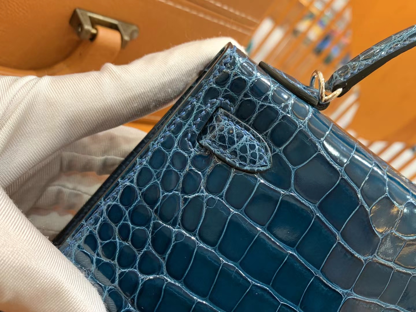 Mini kelly 二代 一级进口美洲鳄 银扣 N7 Blue Tempete风暴蓝 进口蜜蜡线 全手工制作