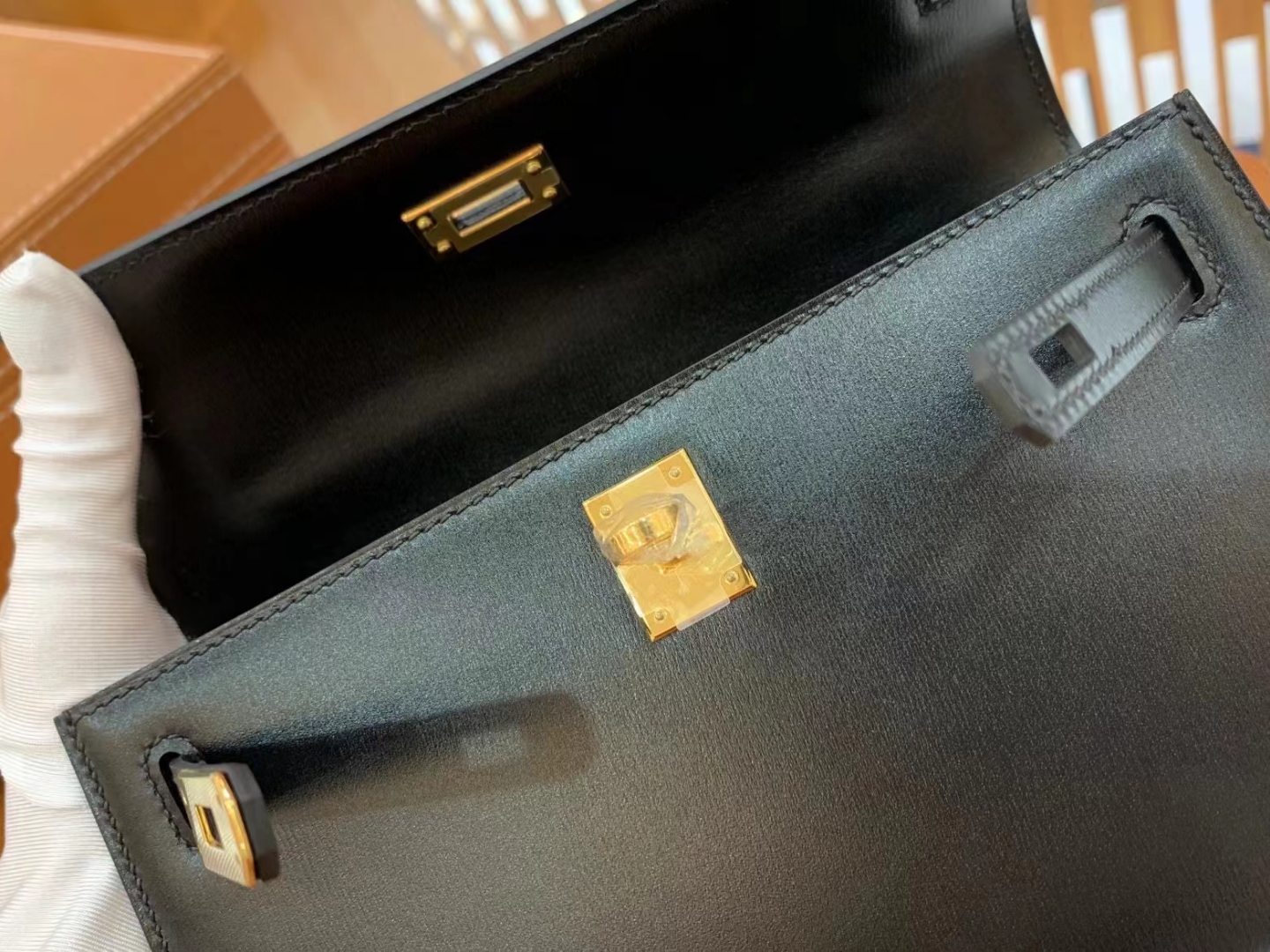 HERMES 爱马仕【现货】 Mini Kelly 一代 黑色CC89 Nior 进口蜜蜡线 全手工制作