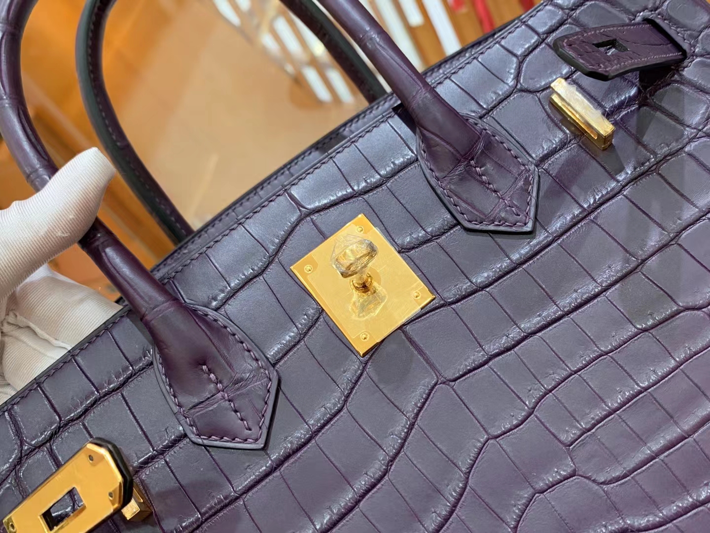 Hermes 爱马仕 Birkin 30cm 9G Amethyst 水晶紫 一级进口尼罗鳄“••” 金扣 进口蜜蜡线 全手工制作