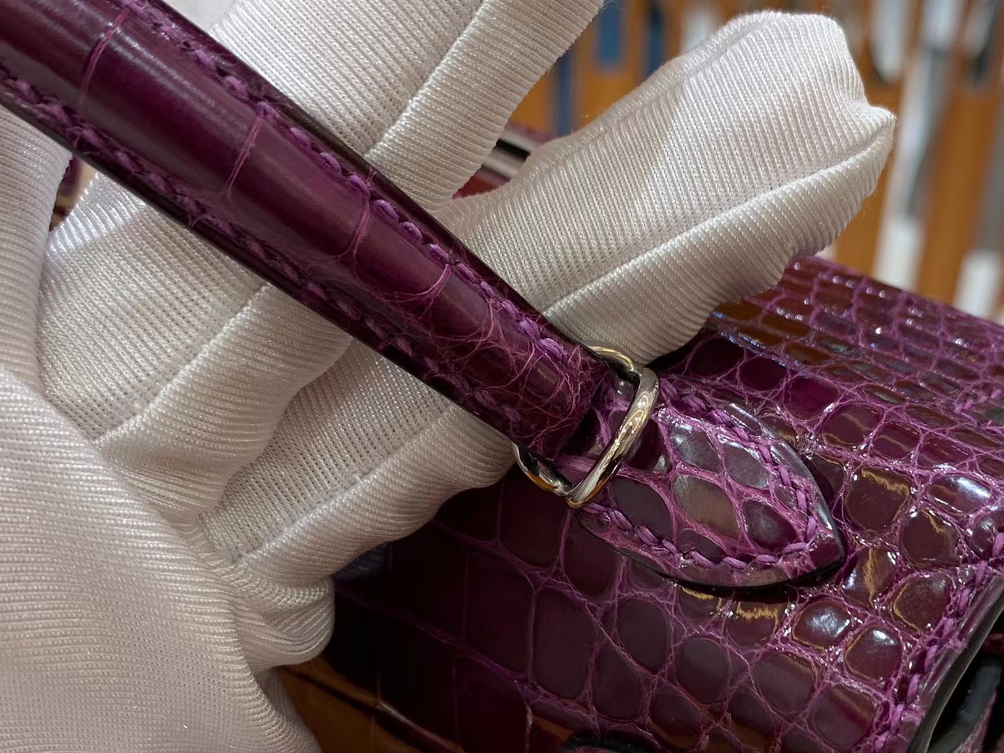 HERMES 爱马仕 Mini kelly 二代 9G Amethyste 水晶紫 一级进口美洲鳄 银扣 进口蜜蜡线 全手工制作