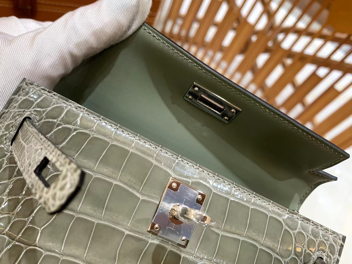 HERMES 爱马仕 Mini kelly 二代 斑鸠灰 一级进口美洲鳄 银扣