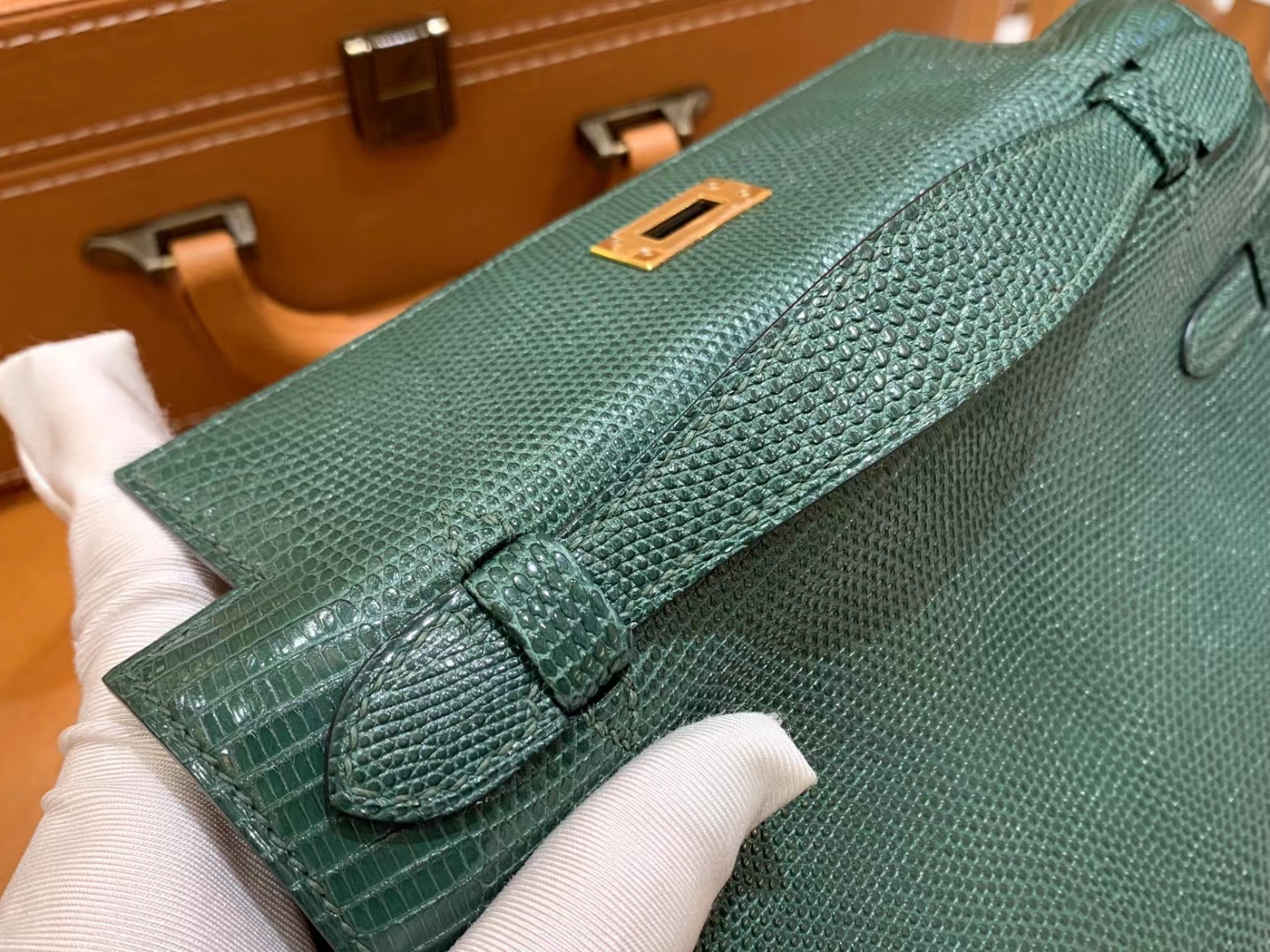 Hermes 爱马仕【现货】 Mini Kelly 一代 孔雀绿 南非野生蜥蜴皮银扣 进口蜜蜡线 全手工制作