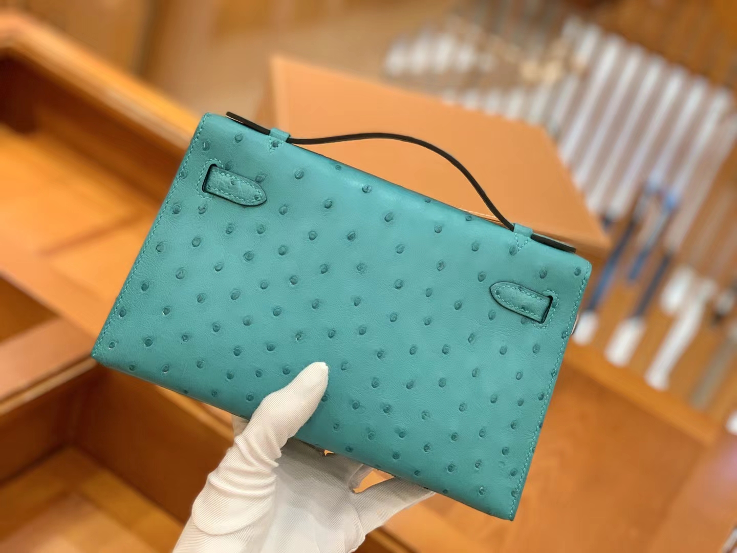 Hermes 爱马仕 【现货】 Mini Kelly 一代  7V Lagon 湖水绿 南非KK级鸵鸟皮 金扣 进口蜜蜡线 全手工制作