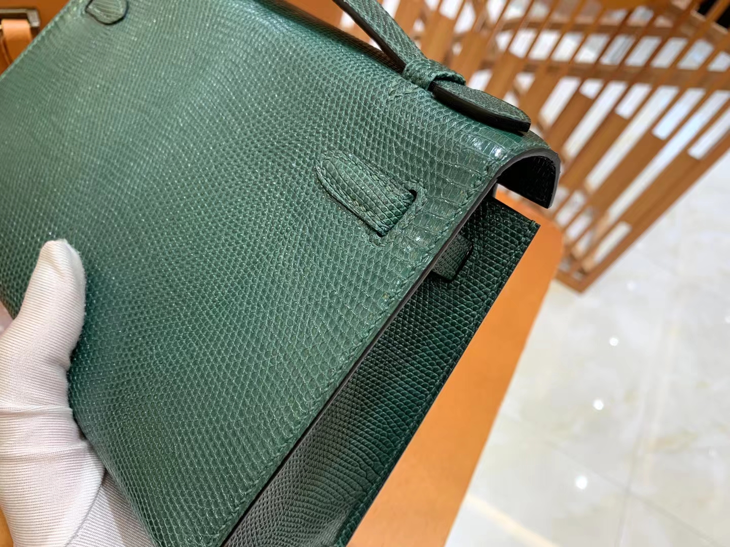 Hermes 爱马仕【现货】 Mini Kelly 一代 孔雀绿 南非野生蜥蜴皮银扣 进口蜜蜡线 全手工制作