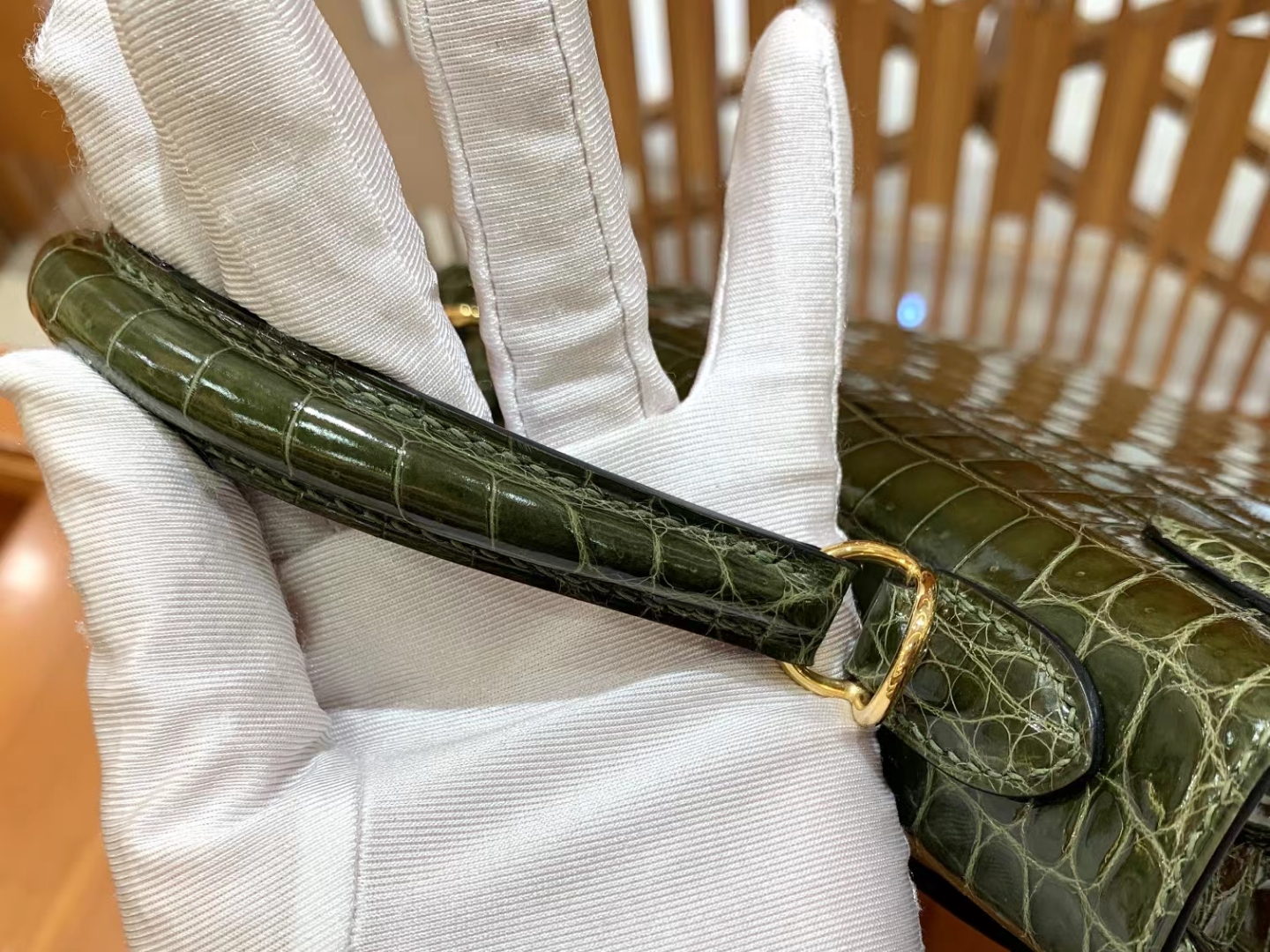 HERMES 爱马仕 Kelly 25cm 61 Vert Olive橄榄绿 金扣 一级美洲鳄鱼皮“□” 进口蜜蜡线 全手工制作