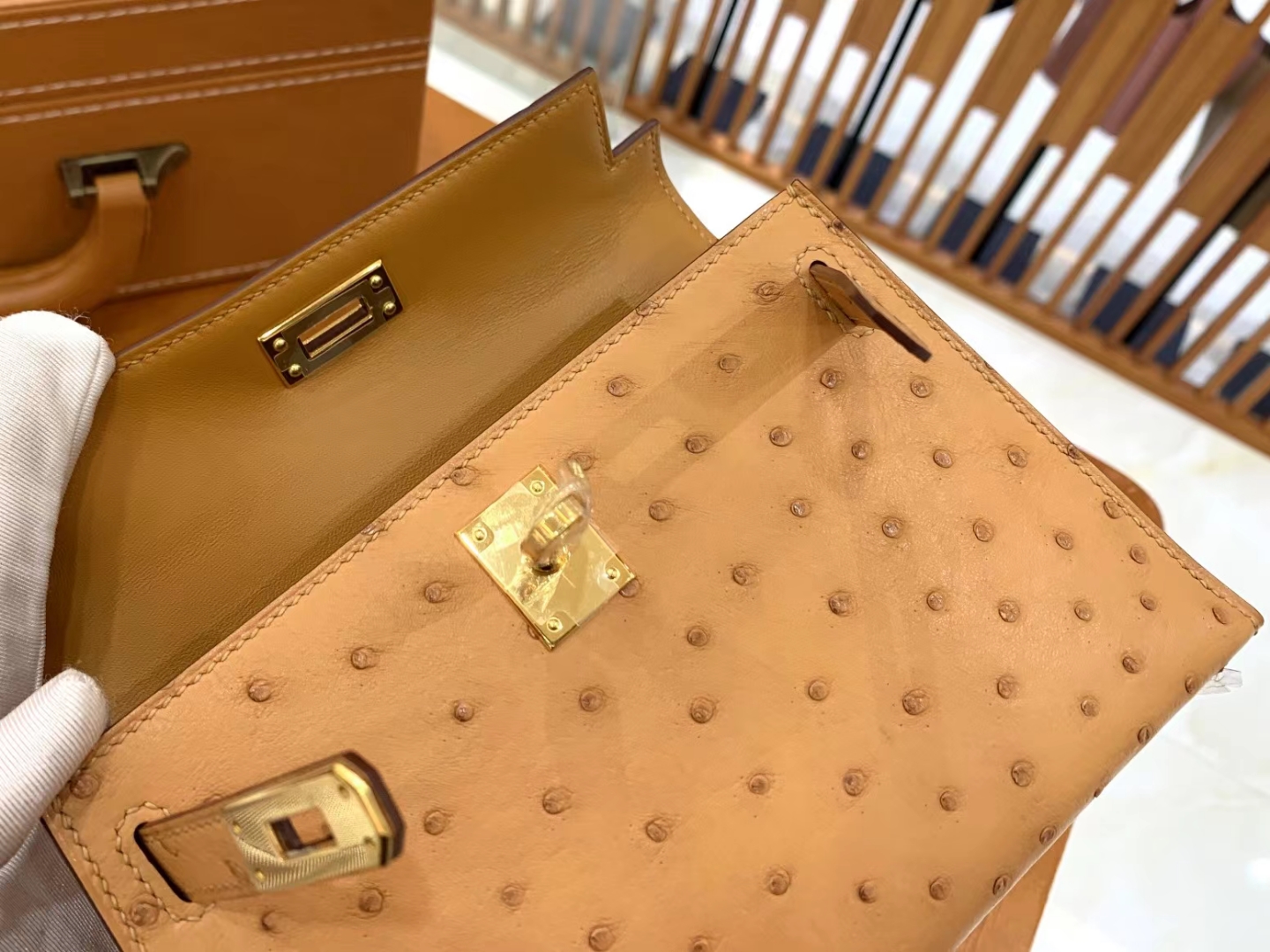 HERMES 爱马仕 Mini kelly 二代 南非KK级鸵鸟皮 Ostrich CK37 金棕色 太妃金 进口蜜蜡线 全手工制作