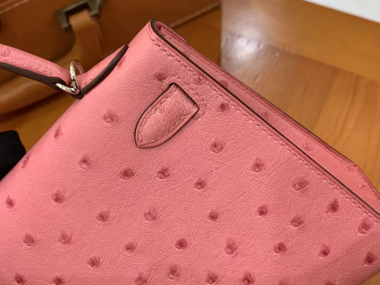 HERMES 爱马仕 Mini kelly 二代 南非KK级鸵鸟皮 Ostrich 3Q 樱花粉 进口蜜蜡线 全手工制作