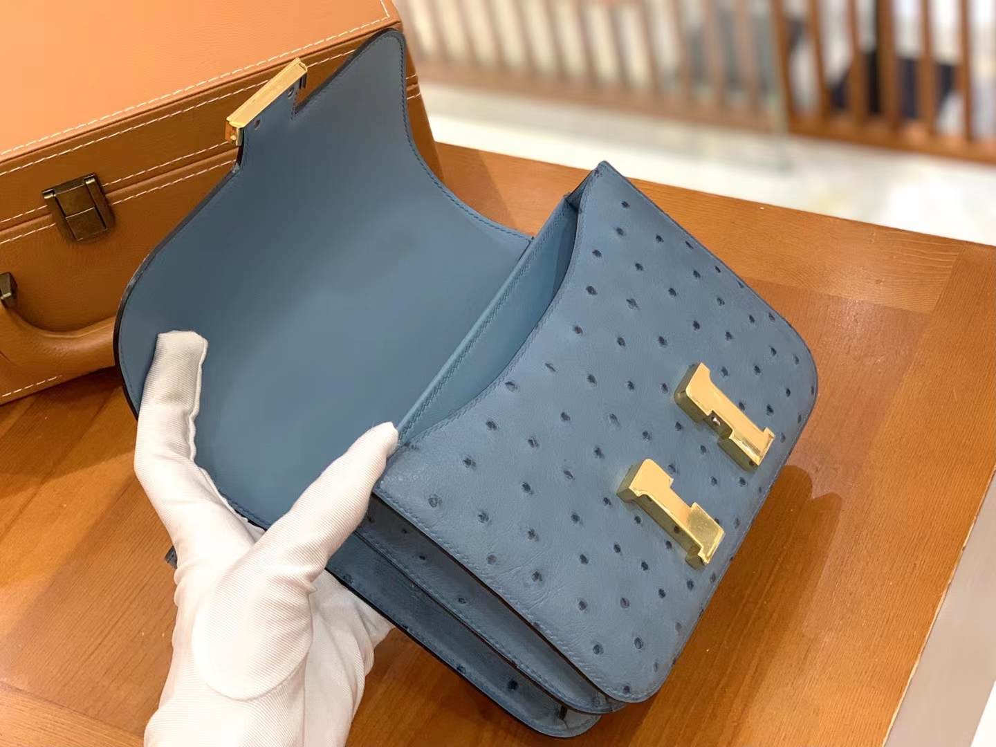 HERMES 爱马仕 Constance 空姐包 19cm 南非KK鸵鸟皮 Ostrich 75 Blue Jean牛仔蓝 进口蜜蜡线 全手工制作