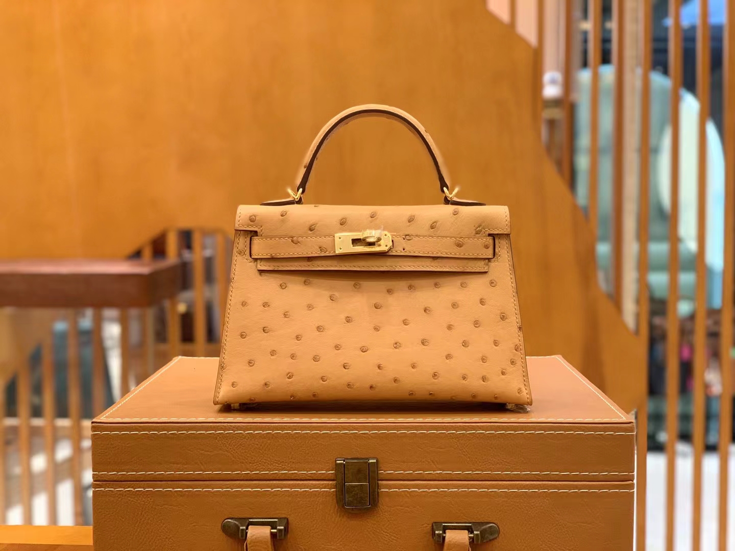 HERMES 爱马仕 Mini kelly 二代 南非KK级鸵鸟皮 Ostrich CK37 金棕色 太妃金 进口蜜蜡线 全手工制作