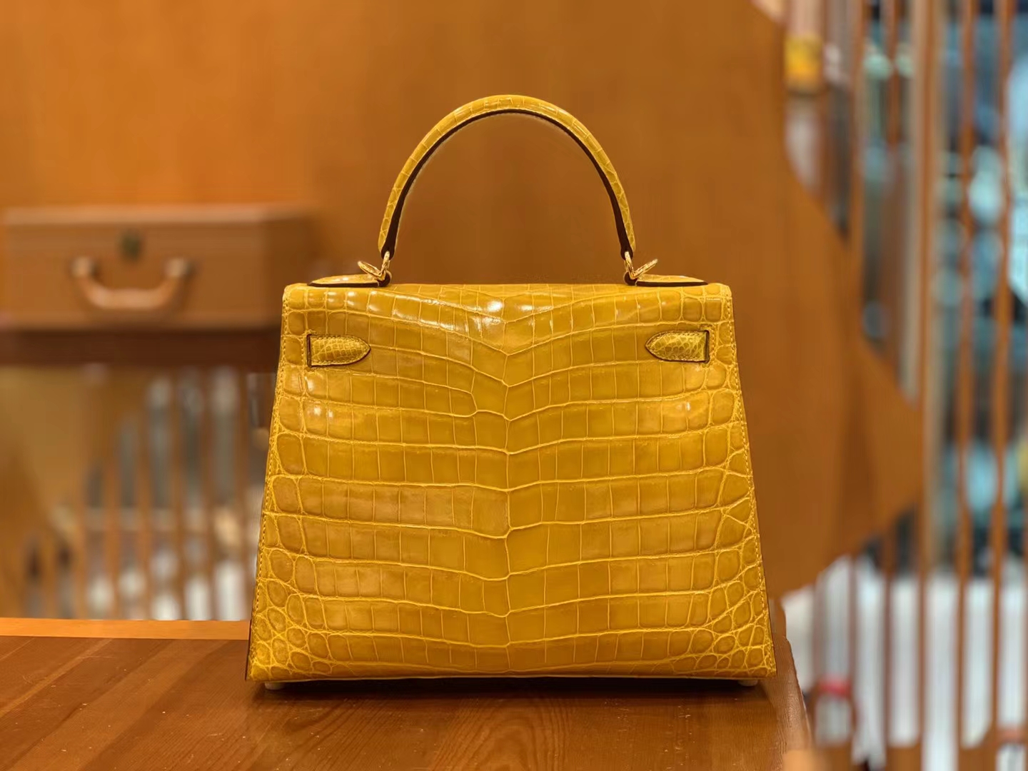 HERMES 爱马仕 Kelly 28cm 9D 琥珀黄 银扣一级尼罗鳄鱼皮“••”进口蜜蜡线 全手工制作