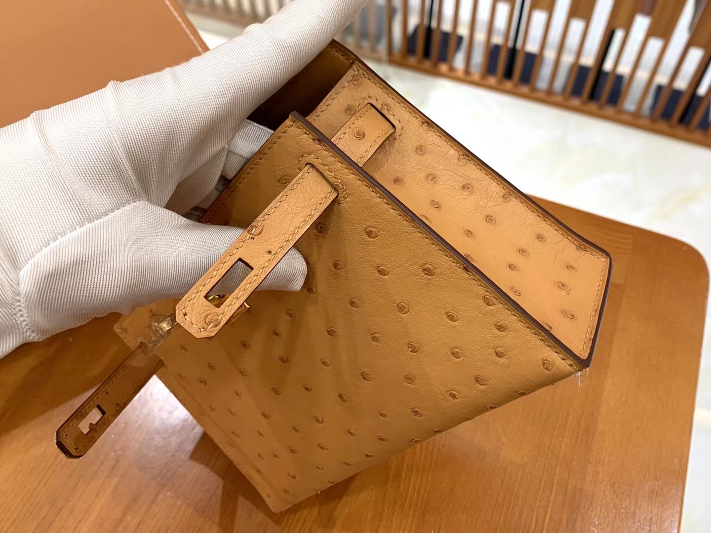 HERMES 爱马仕 Mini kelly 二代 南非KK级鸵鸟皮 Ostrich CK37 金棕色 太妃金 进口蜜蜡线 全手工制作