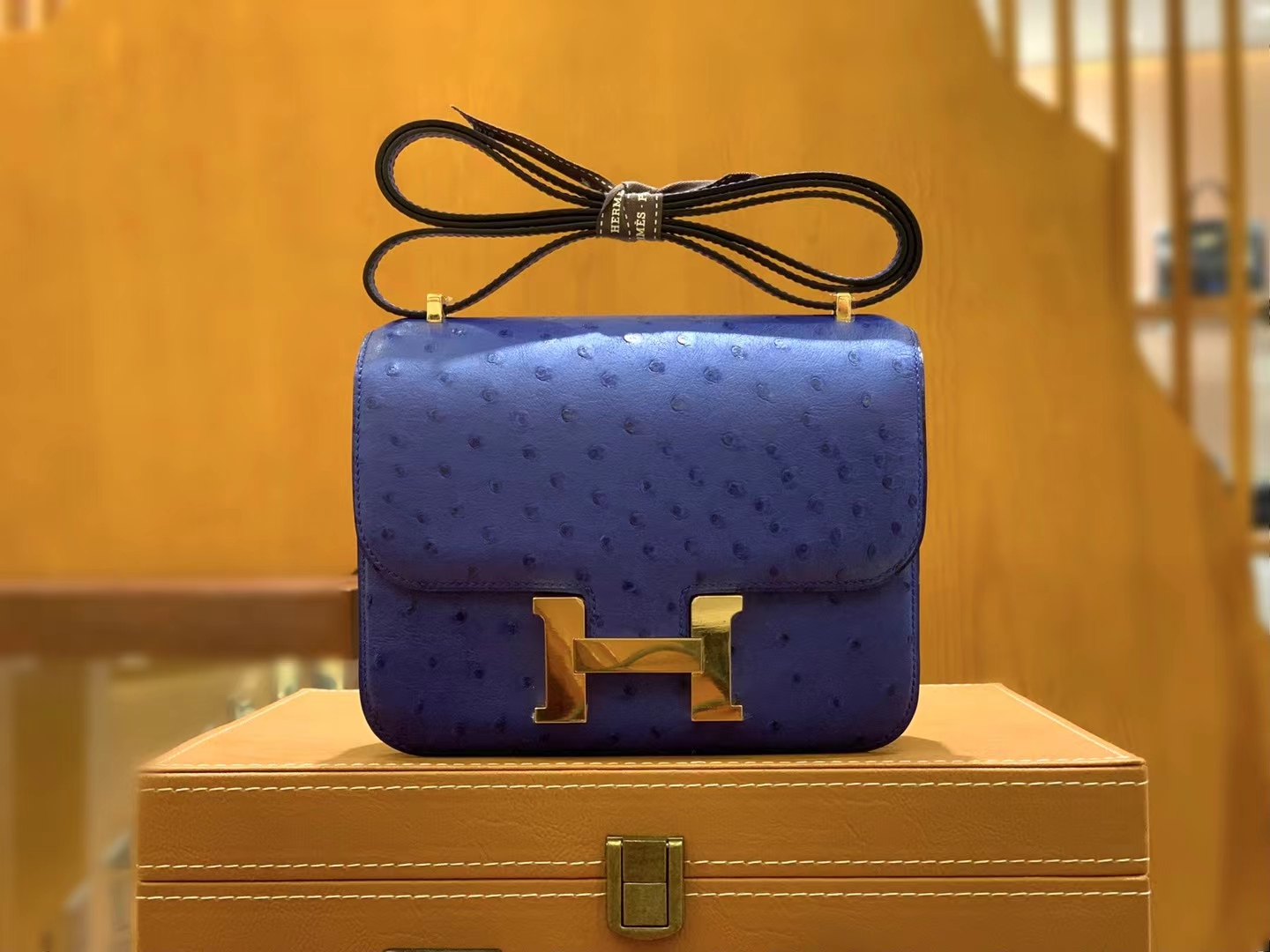 HERMES 爱马仕 Constance 空姐包 19cm 南非KK鸵鸟皮 Ostrich 7Q Mykonos希腊蓝 进口蜜蜡线 全手工制作