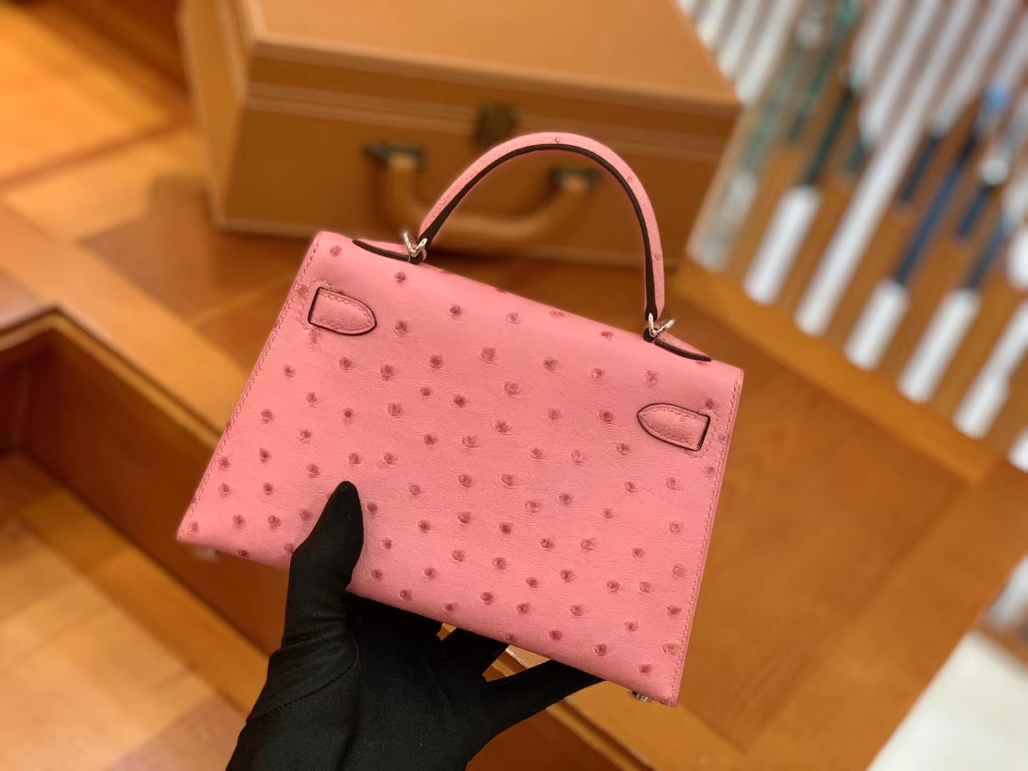 HERMES 爱马仕 Mini kelly 二代 南非KK级鸵鸟皮 Ostrich 3Q 樱花粉 进口蜜蜡线 全手工制作