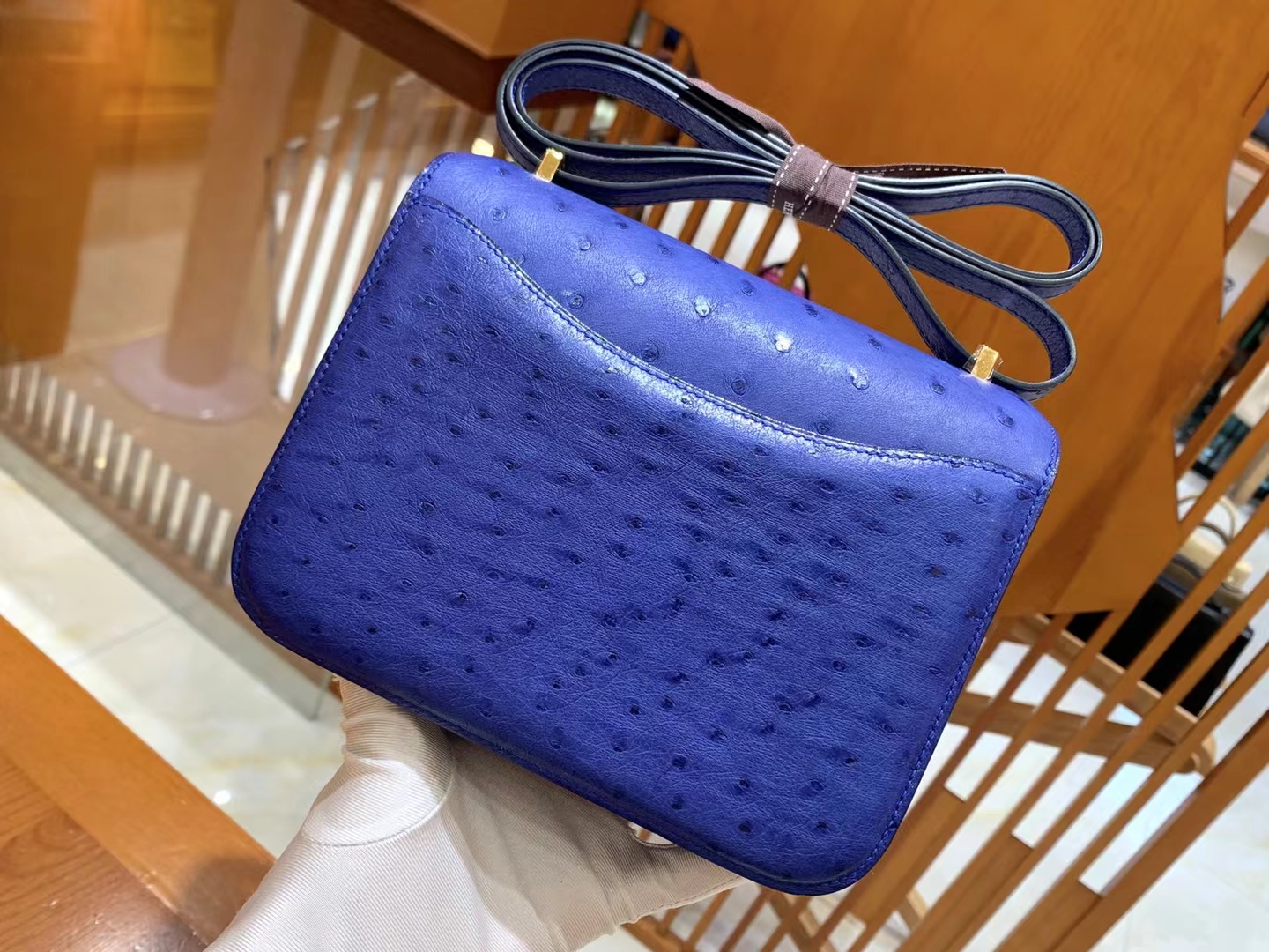 HERMES 爱马仕 Constance 空姐包 19cm 南非KK鸵鸟皮 Ostrich 7Q Mykonos希腊蓝 进口蜜蜡线 全手工制作