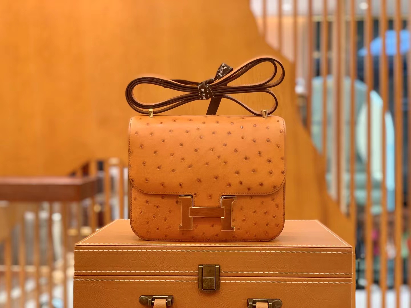 HERMES 爱马仕 Constance 空姐包 19cm 南非KK鸵鸟皮 Ostrich 93 Orange 橙色 进口蜜蜡线 全手工制作