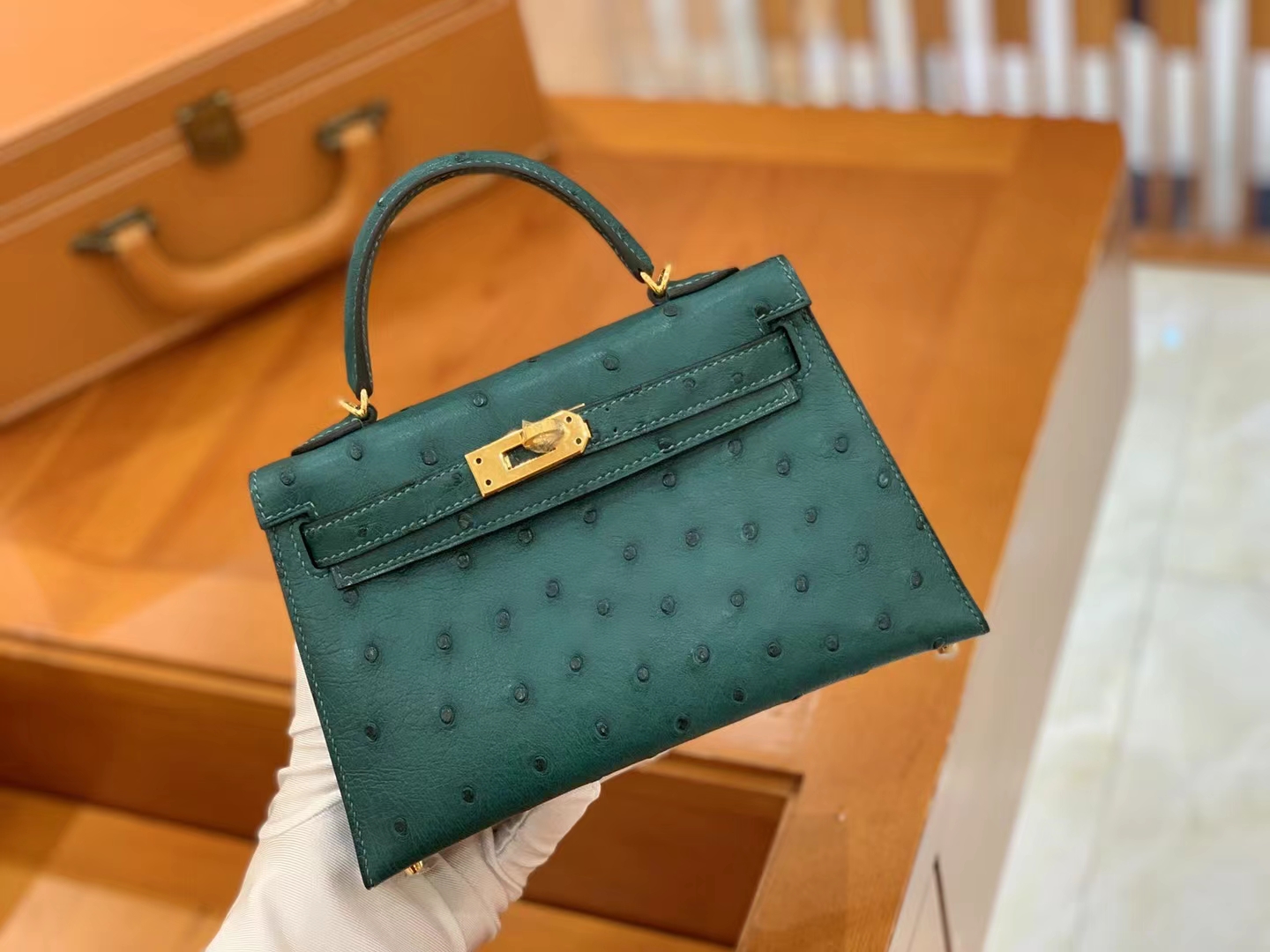 HERMES 爱马仕 Mini kelly 二代 南非KK级鸵鸟皮 Ostrich 67 Vert Fonce 祖母绿 进口蜜蜡线 全手工制作