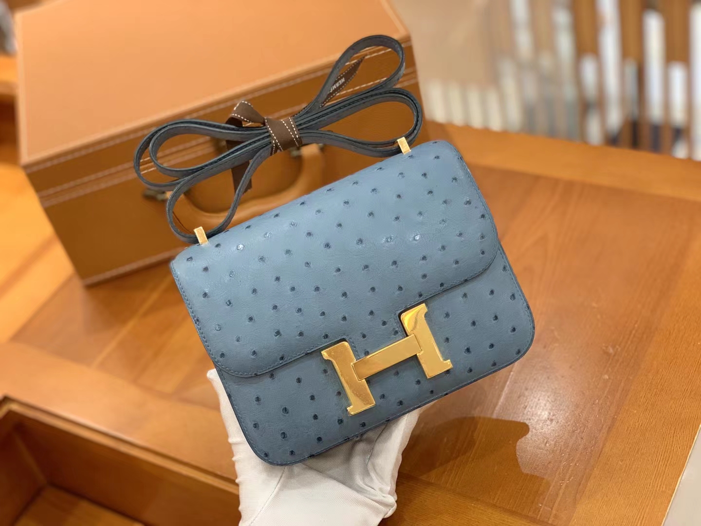 HERMES 爱马仕 Constance 空姐包 19cm 南非KK鸵鸟皮 Ostrich 75 Blue Jean牛仔蓝 进口蜜蜡线 全手工制作