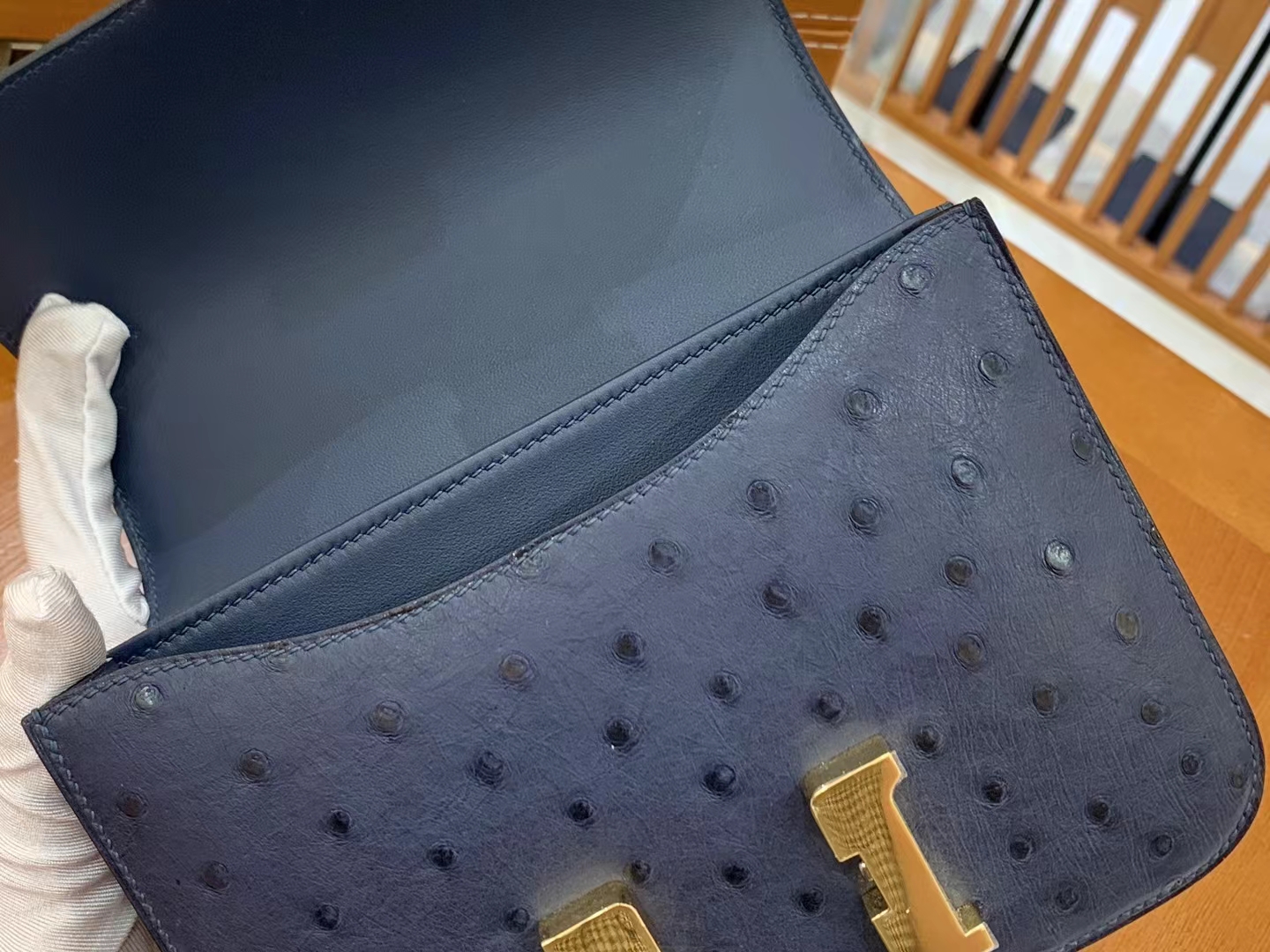 HERMES 爱马仕 Constance 空姐包 19cm 南非KK鸵鸟皮 Ostrich 7L Bleu de Malta马耳他蓝 进口蜜蜡线 全手工制作