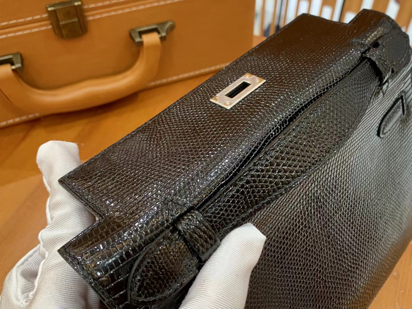 HERMES 爱马仕 Mini kelly 一代 Kelly Pochette 南非野生巨蜥 CC89 经典黑 Nior 进口蜜蜡线 全手工制作