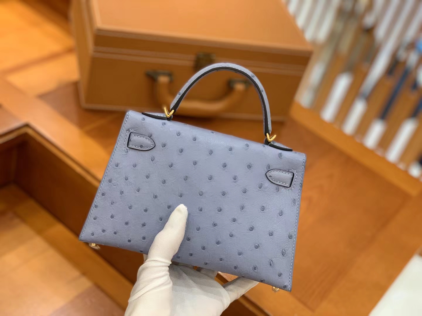 HERMES 爱马仕 Mini kelly 二代 南非KK级鸵鸟皮 Ostrich 8U Bleu Glacler 冰川蓝 进口蜜蜡线 全手工制作