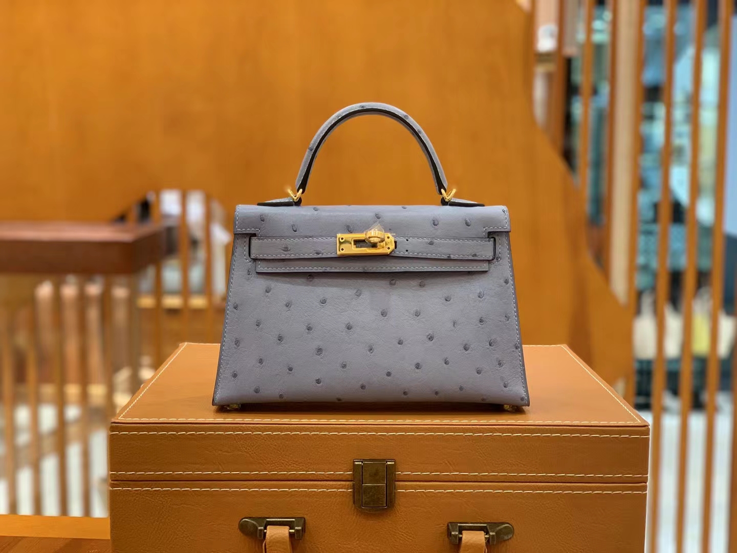 HERMES 爱马仕 Mini kelly 二代 南非KK级鸵鸟皮 Ostrich 8U Bleu Glacler 冰川蓝 进口蜜蜡线 全手工制作