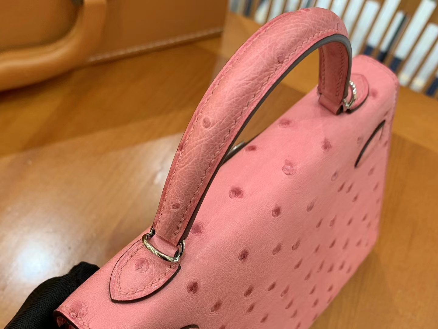 HERMES 爱马仕 Mini kelly 二代 南非KK级鸵鸟皮 Ostrich 3Q 樱花粉 进口蜜蜡线 全手工制作