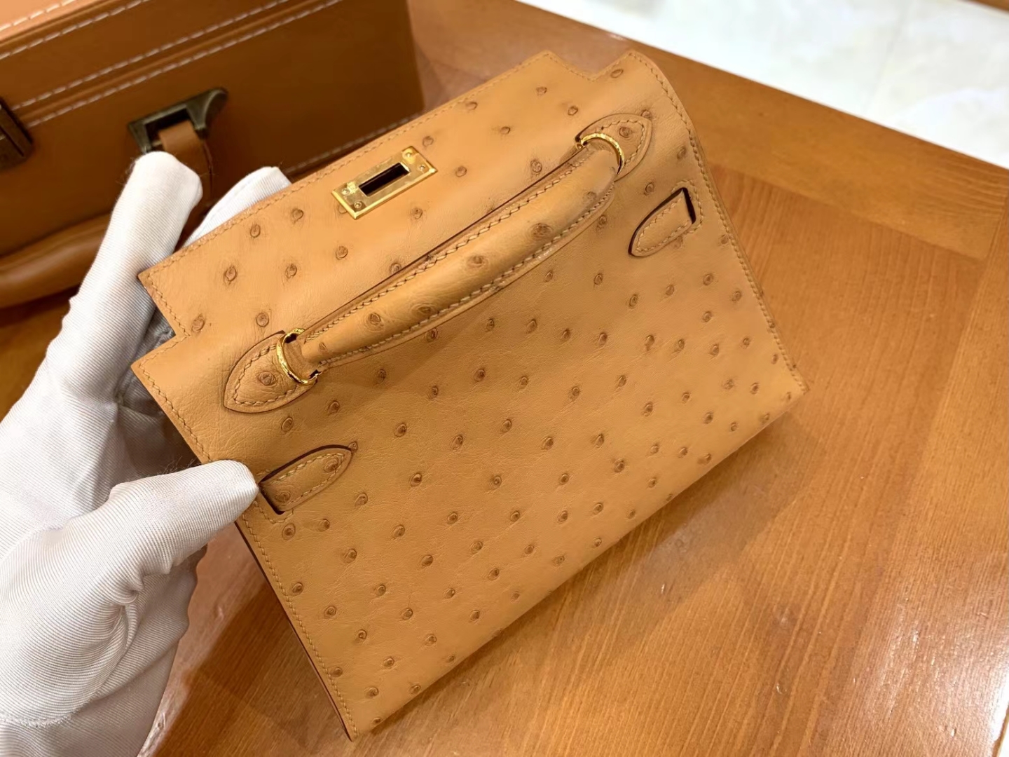 HERMES 爱马仕 Mini kelly 二代 南非KK级鸵鸟皮 Ostrich CK37 金棕色 太妃金 进口蜜蜡线 全手工制作