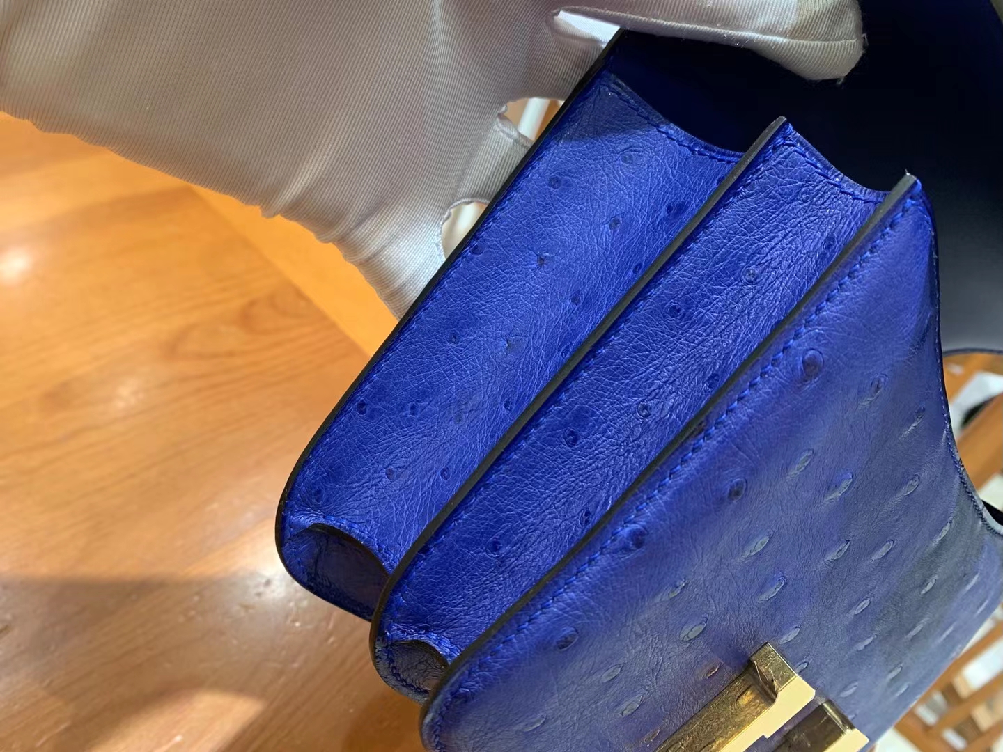 HERMES 爱马仕 Constance 空姐包 19cm 南非KK鸵鸟皮 Ostrich 7Q Mykonos希腊蓝 进口蜜蜡线 全手工制作