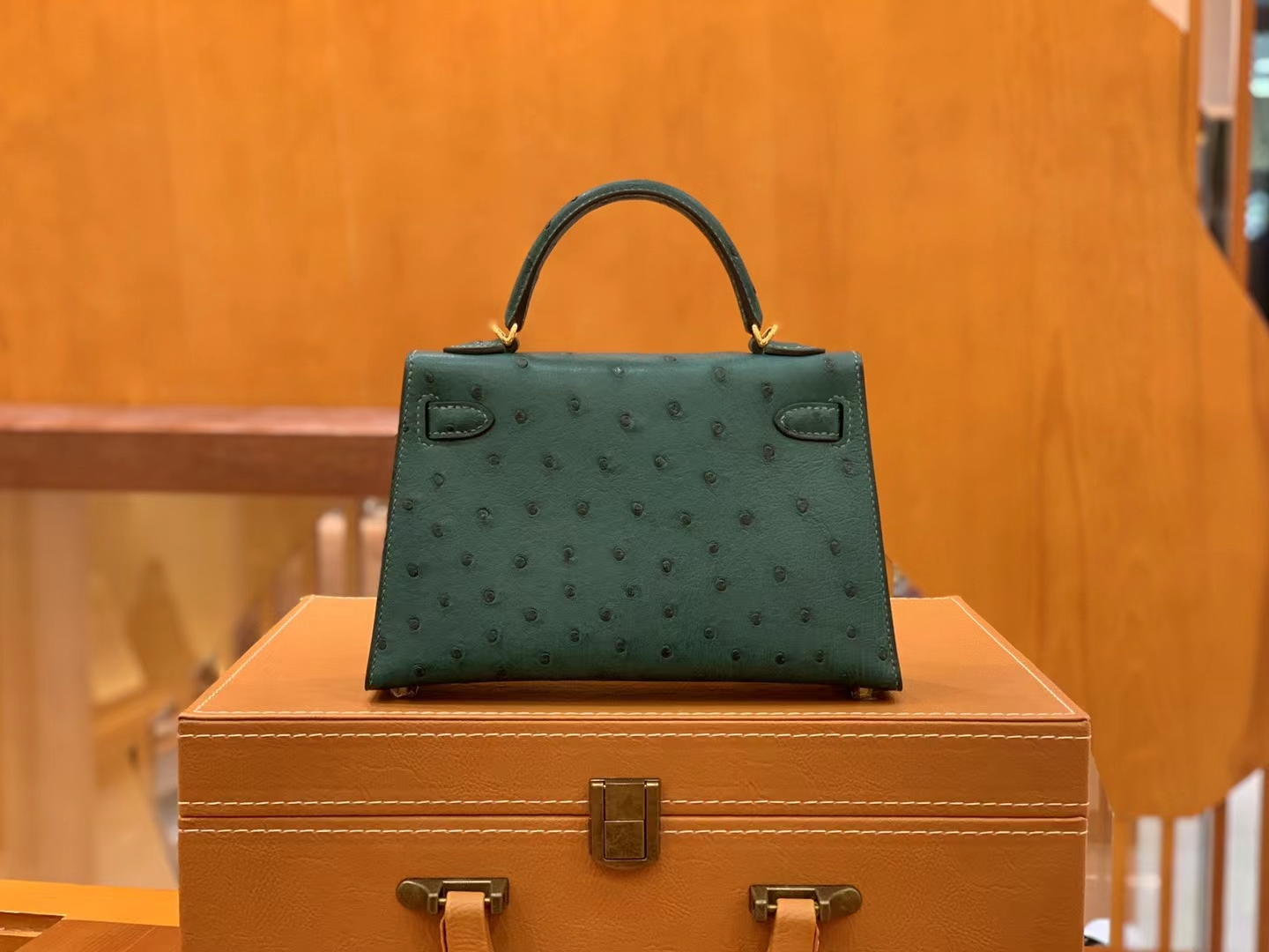 HERMES 爱马仕 Mini kelly 二代 南非KK级鸵鸟皮 Ostrich 67 Vert Fonce 祖母绿 进口蜜蜡线 全手工制作