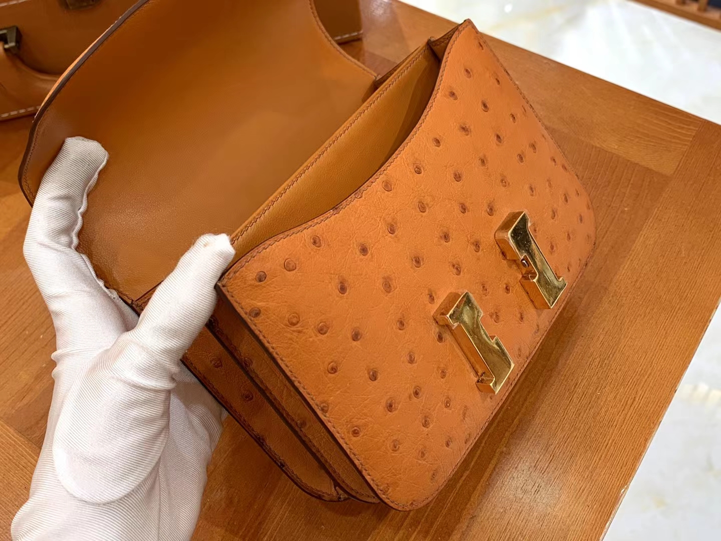 HERMES 爱马仕 Constance 空姐包 19cm 南非KK鸵鸟皮 Ostrich 93 Orange 橙色 进口蜜蜡线 全手工制作