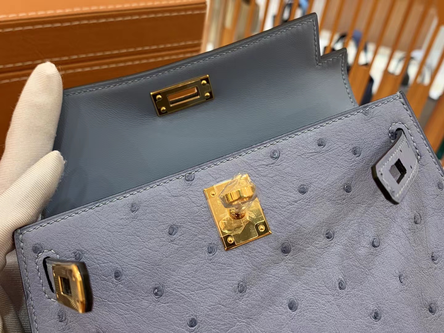 HERMES 爱马仕 Mini kelly 二代 南非KK级鸵鸟皮 Ostrich 8U Bleu Glacler 冰川蓝 进口蜜蜡线 全手工制作