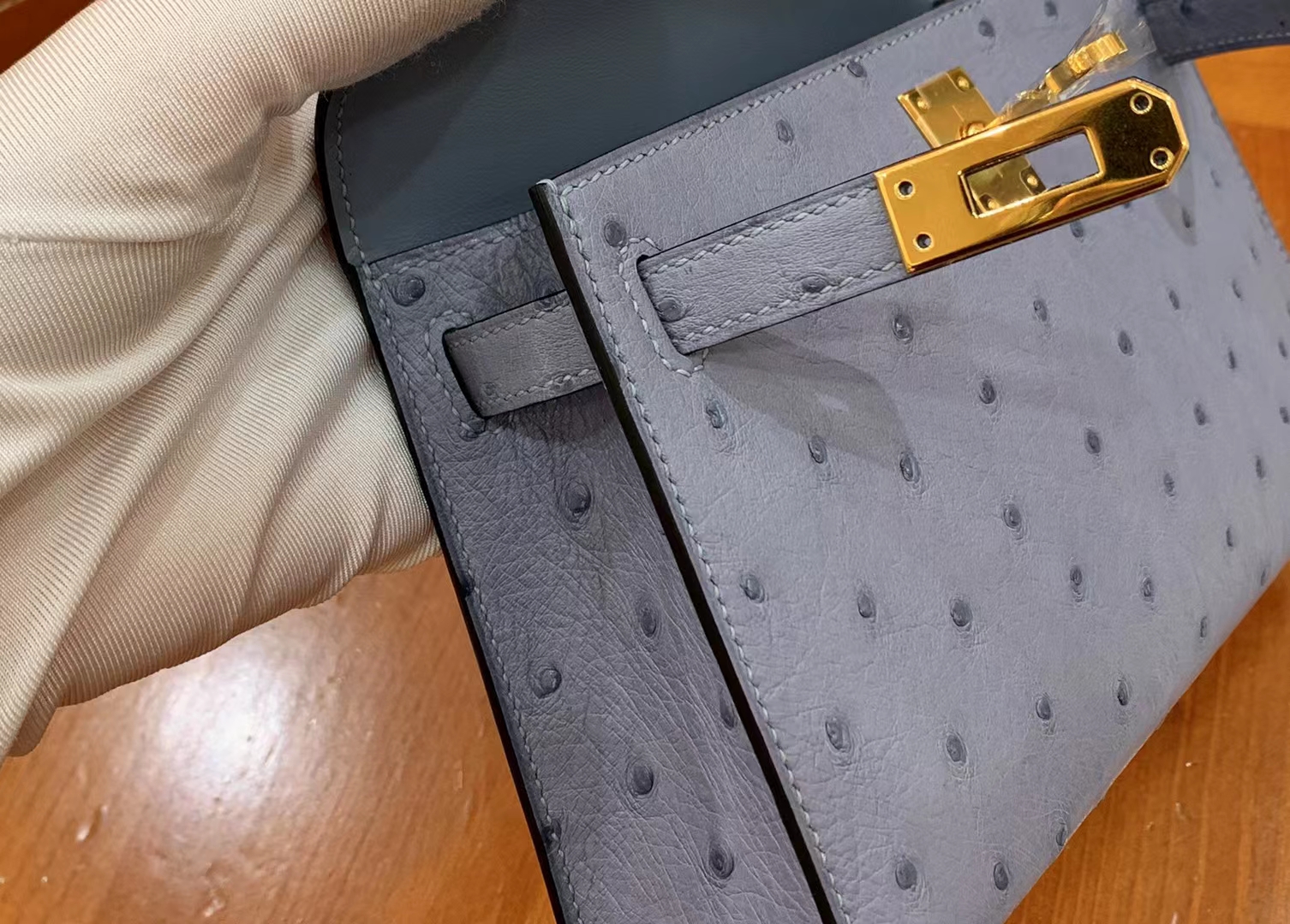 HERMES 爱马仕 Mini kelly 二代 南非KK级鸵鸟皮 Ostrich 8U Bleu Glacler 冰川蓝 进口蜜蜡线 全手工制作