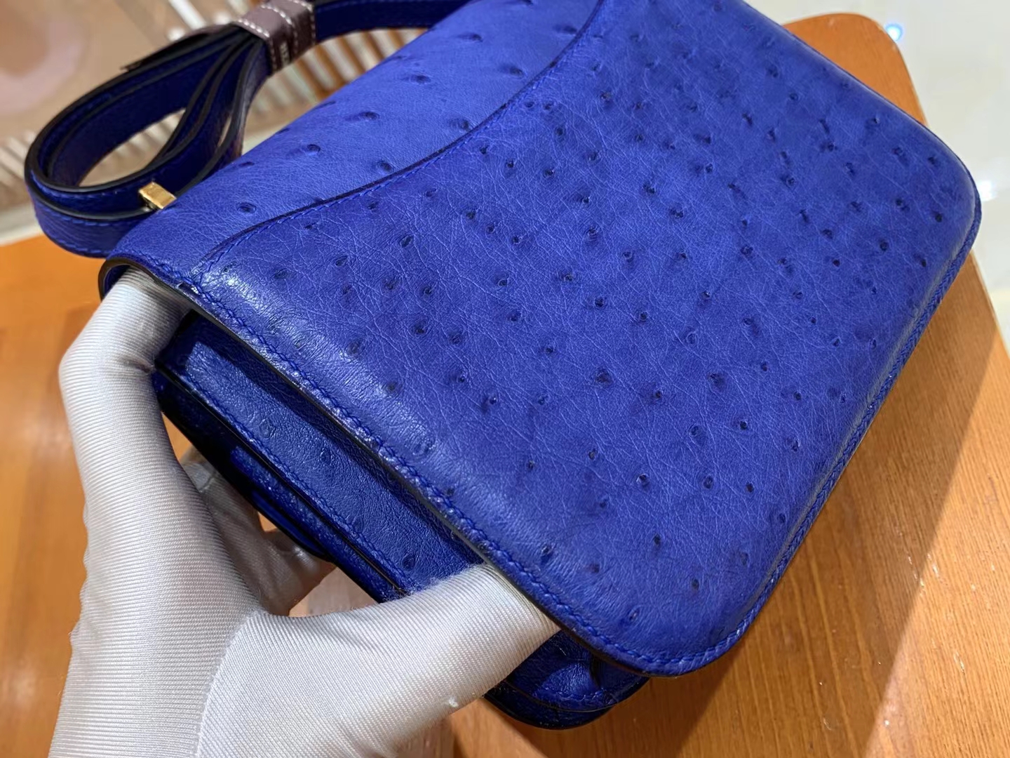 HERMES 爱马仕 Constance 空姐包 19cm 南非KK鸵鸟皮 Ostrich 7Q Mykonos希腊蓝 进口蜜蜡线 全手工制作