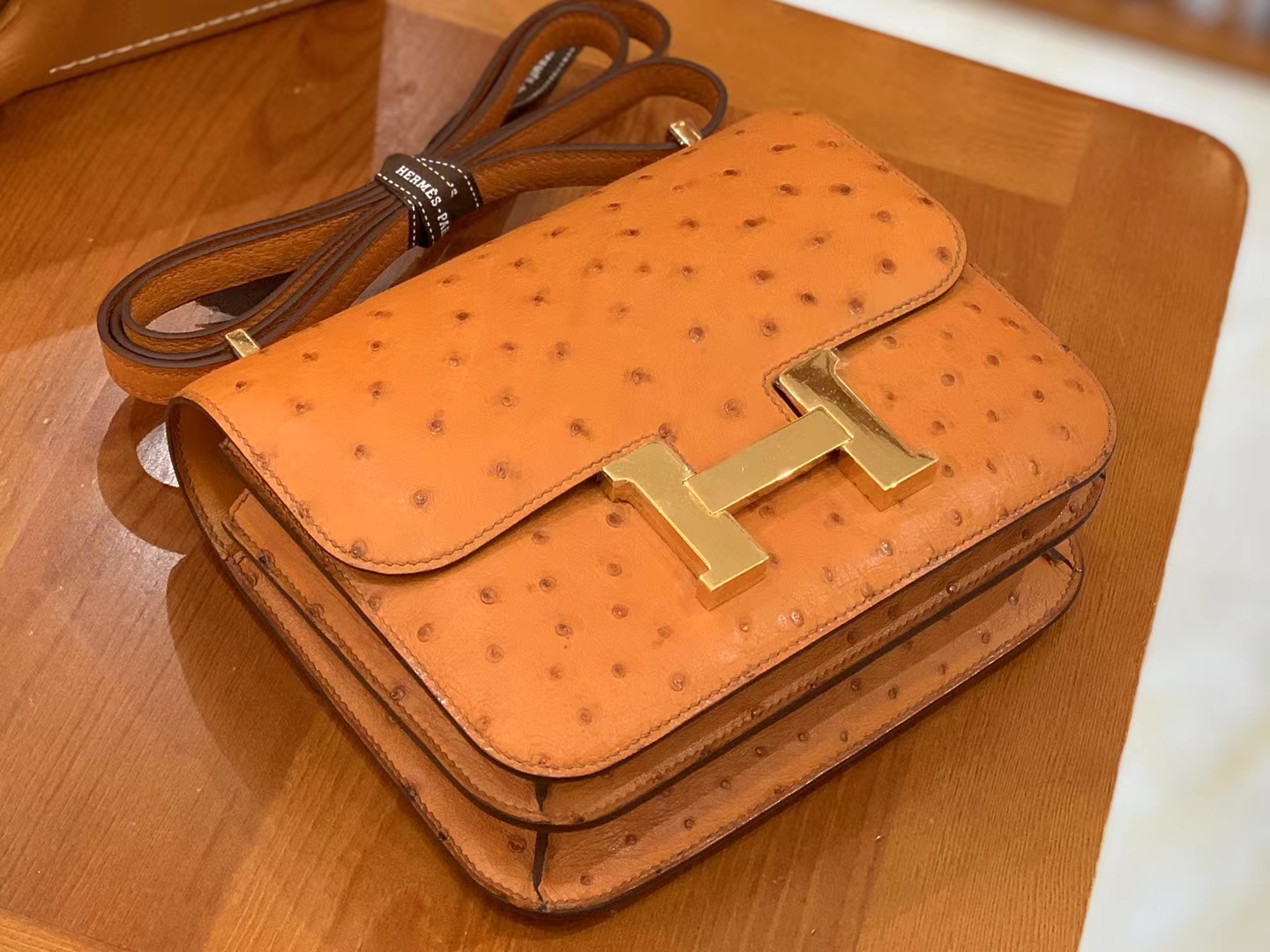 HERMES 爱马仕 Constance 空姐包 19cm 南非KK鸵鸟皮 Ostrich 93 Orange 橙色 进口蜜蜡线 全手工制作