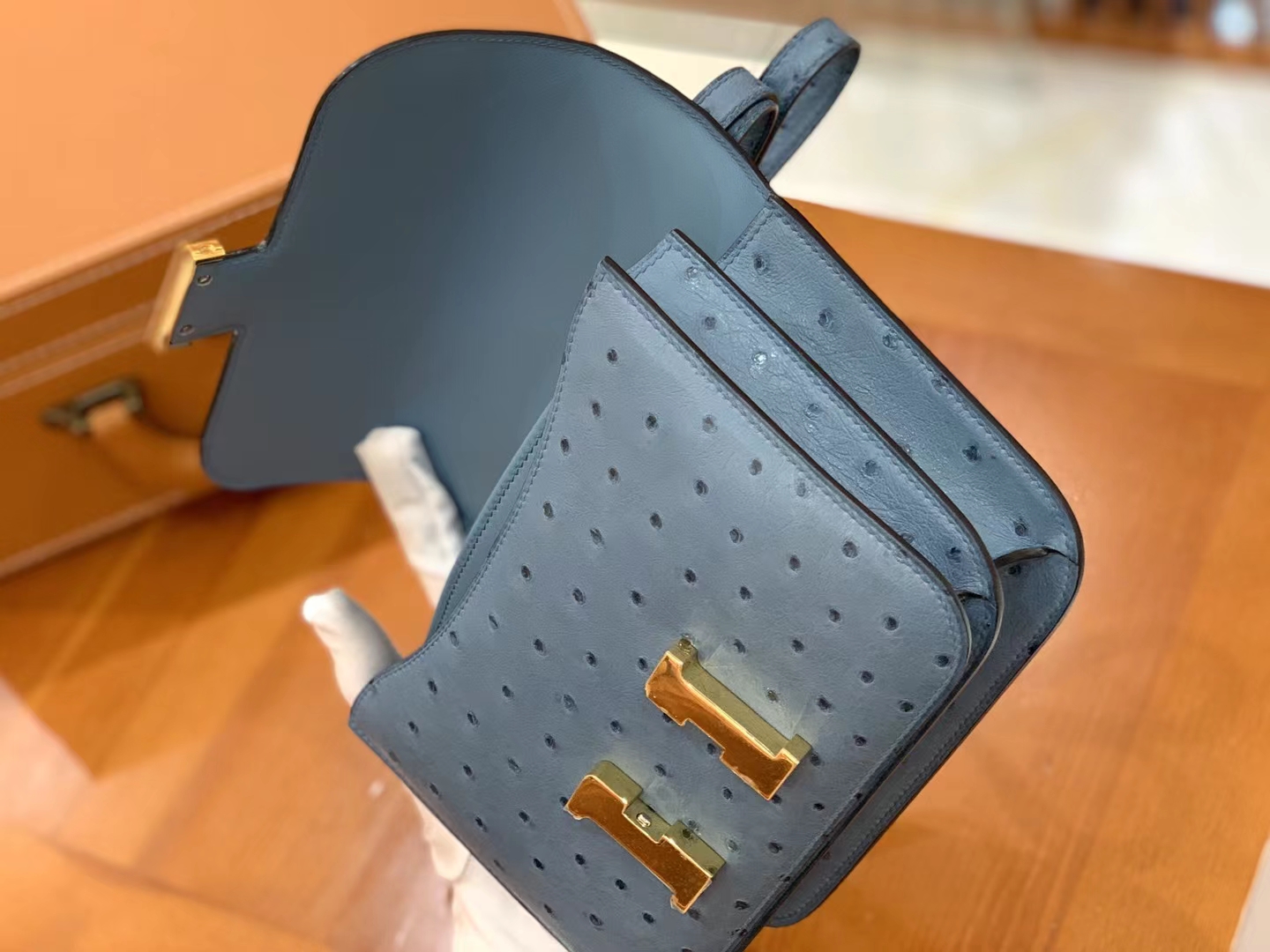 HERMES 爱马仕 Constance 空姐包 19cm 南非KK鸵鸟皮 Ostrich 75 Blue Jean牛仔蓝 进口蜜蜡线 全手工制作
