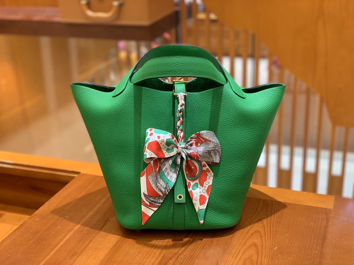 Hermes【现货】 Piction 22cm 1K Bamboo 竹子绿 TC大牛皮 金扣 进口蜜蜡线 全手工制作