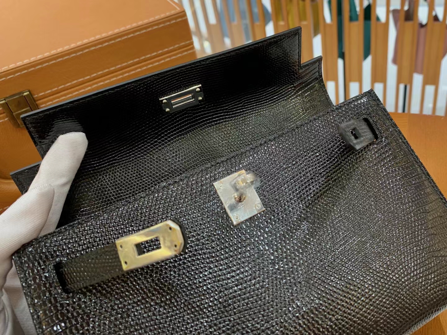 HERMES 爱马仕 Mini kelly 一代 Kelly Pochette 南非野生巨蜥 CC89 经典黑 Nior 进口蜜蜡线 全手工制作