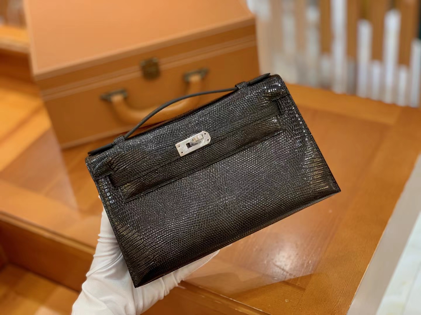 HERMES 爱马仕 Mini kelly 一代 Kelly Pochette 南非野生巨蜥 CC89 经典黑 Nior 进口蜜蜡线 全手工制作