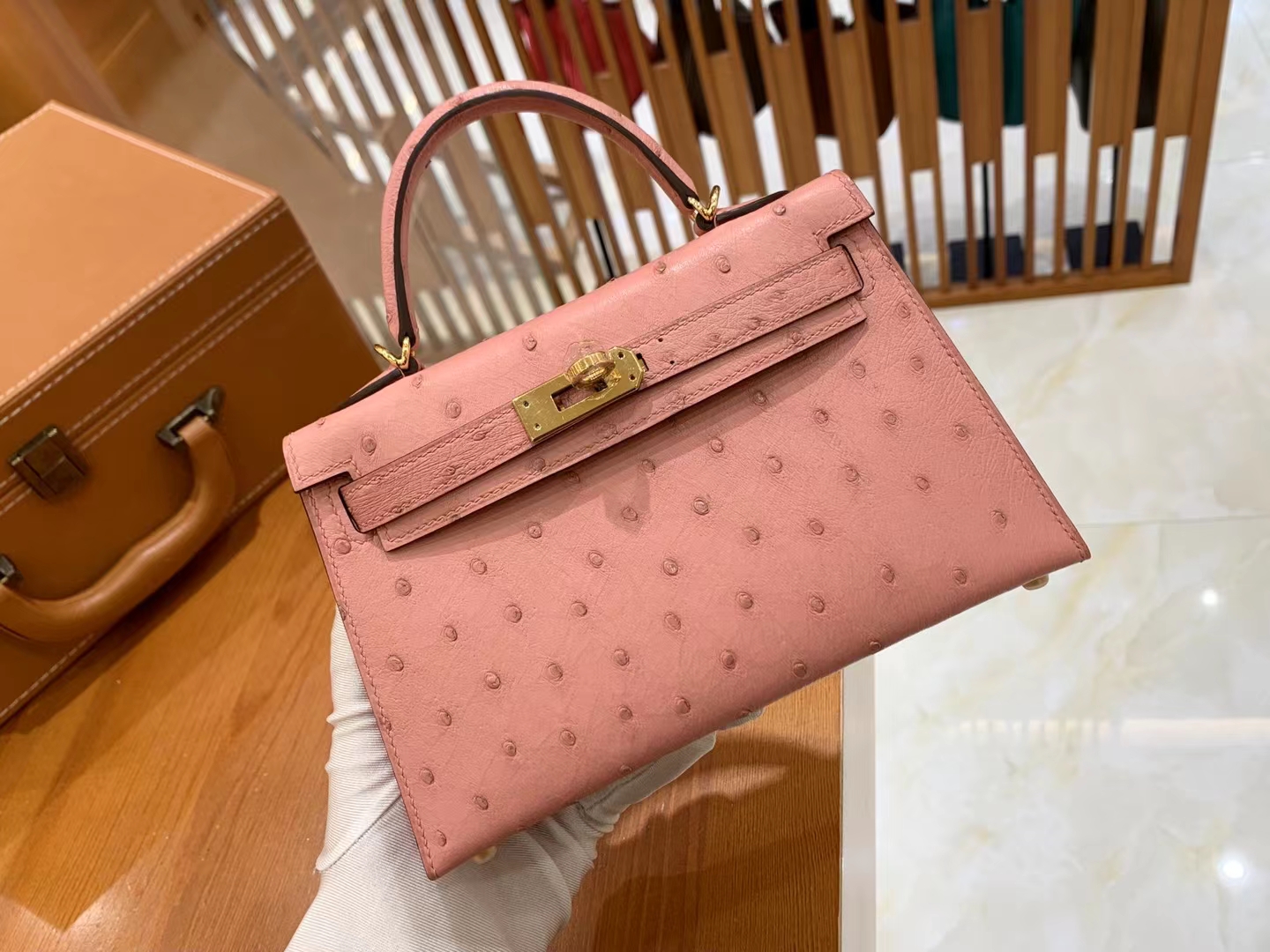 HERMES 爱马仕 Mini kelly 二代 南非KK级鸵鸟皮 Ostrich  陶瓷粉CC94  进口蜜蜡线 全手工制作
