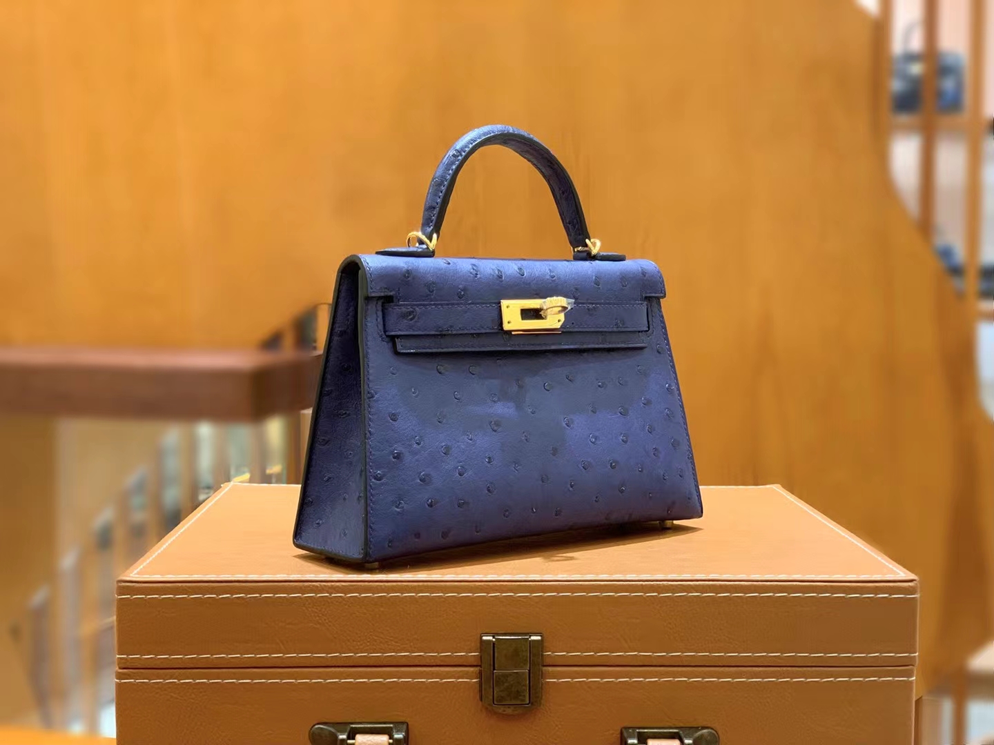 HERMES 爱马仕 Mini kelly 二代 南非KK级鸵鸟皮 Ostrich  7L马耳他蓝 进口蜜蜡线 全手工制作