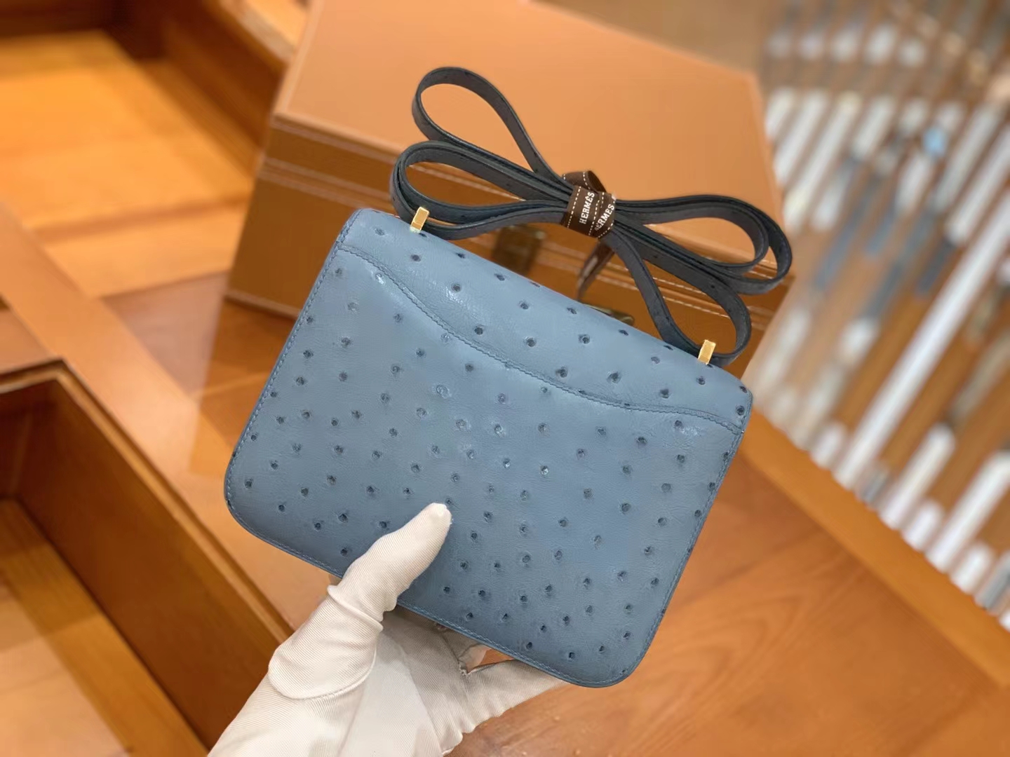 HERMES 爱马仕 Constance 空姐包 19cm 南非KK鸵鸟皮 Ostrich 75 Blue Jean牛仔蓝 进口蜜蜡线 全手工制作