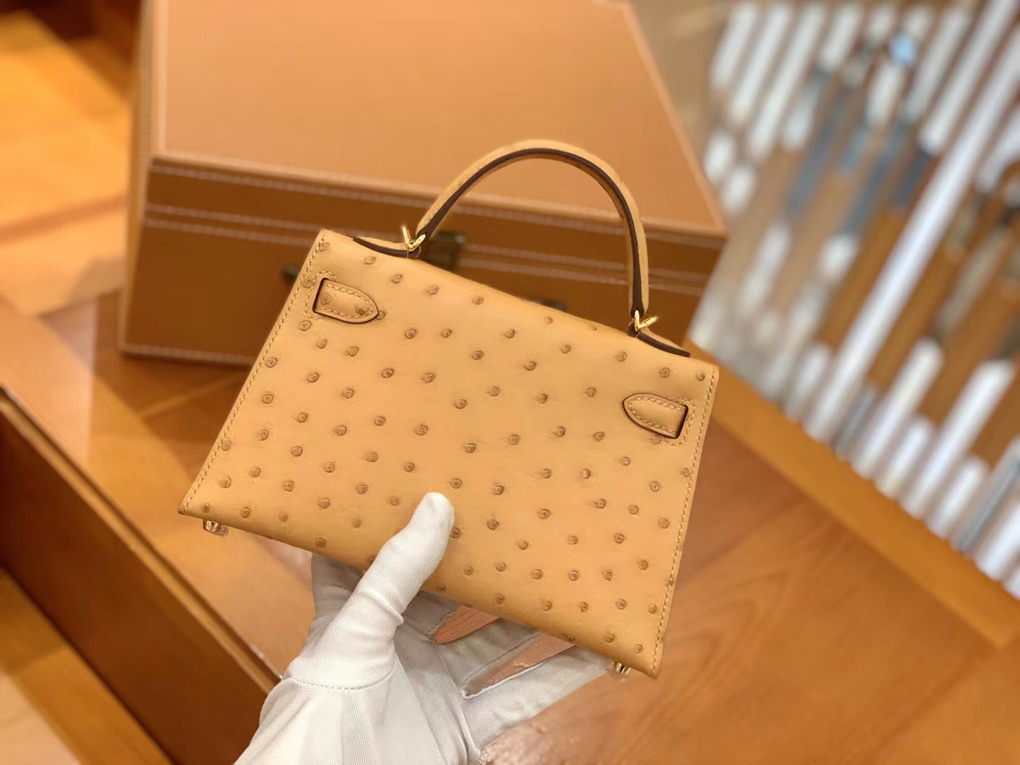 HERMES 爱马仕 Mini kelly 二代 南非KK级鸵鸟皮 Ostrich CK37 金棕色 太妃金 进口蜜蜡线 全手工制作