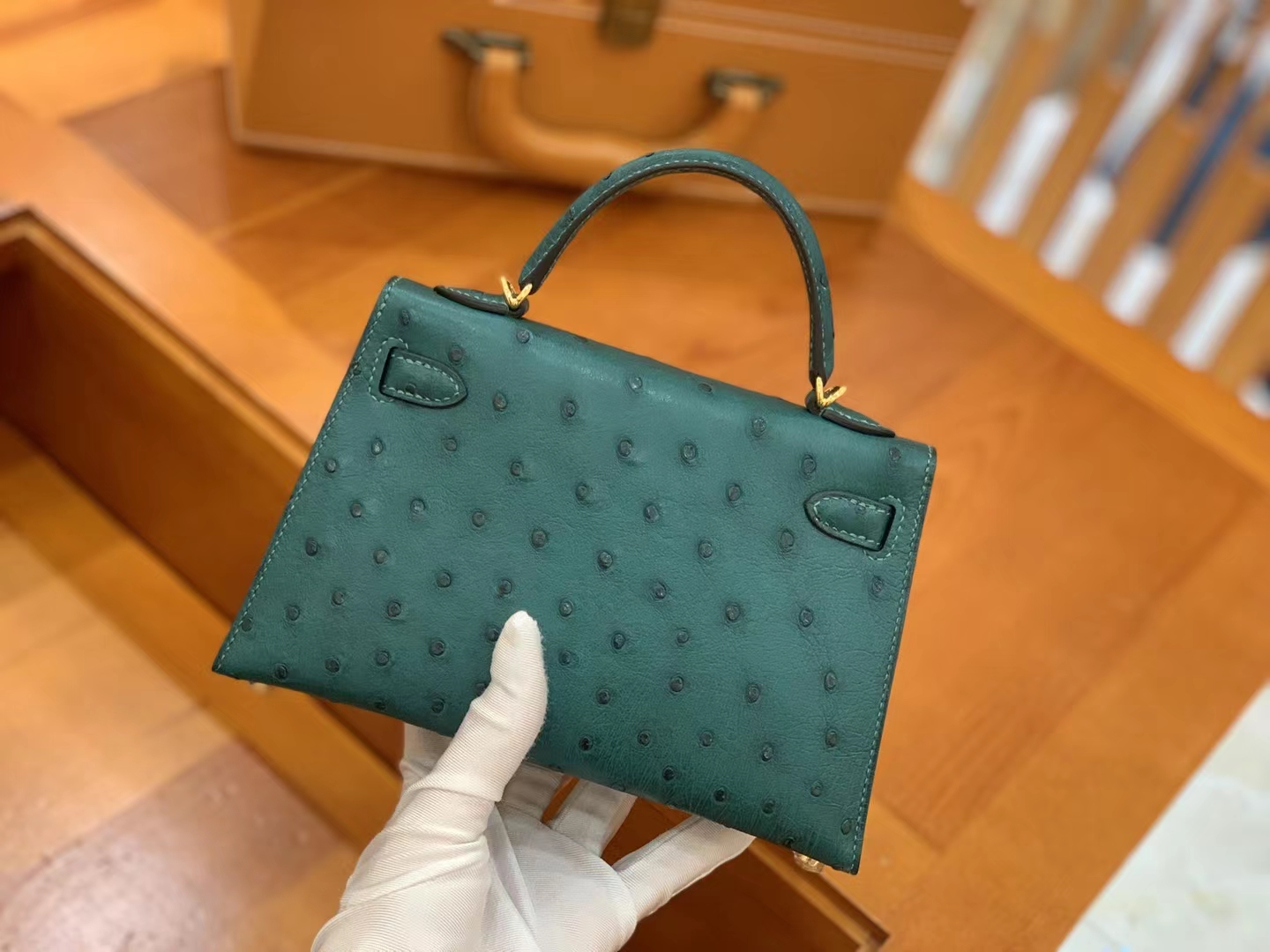 HERMES 爱马仕 Mini kelly 二代 南非KK级鸵鸟皮 Ostrich 67 Vert Fonce 祖母绿 进口蜜蜡线 全手工制作