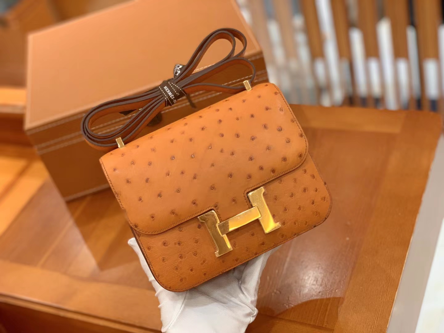 HERMES 爱马仕 Constance 空姐包 19cm 南非KK鸵鸟皮 Ostrich 93 Orange 橙色 进口蜜蜡线 全手工制作