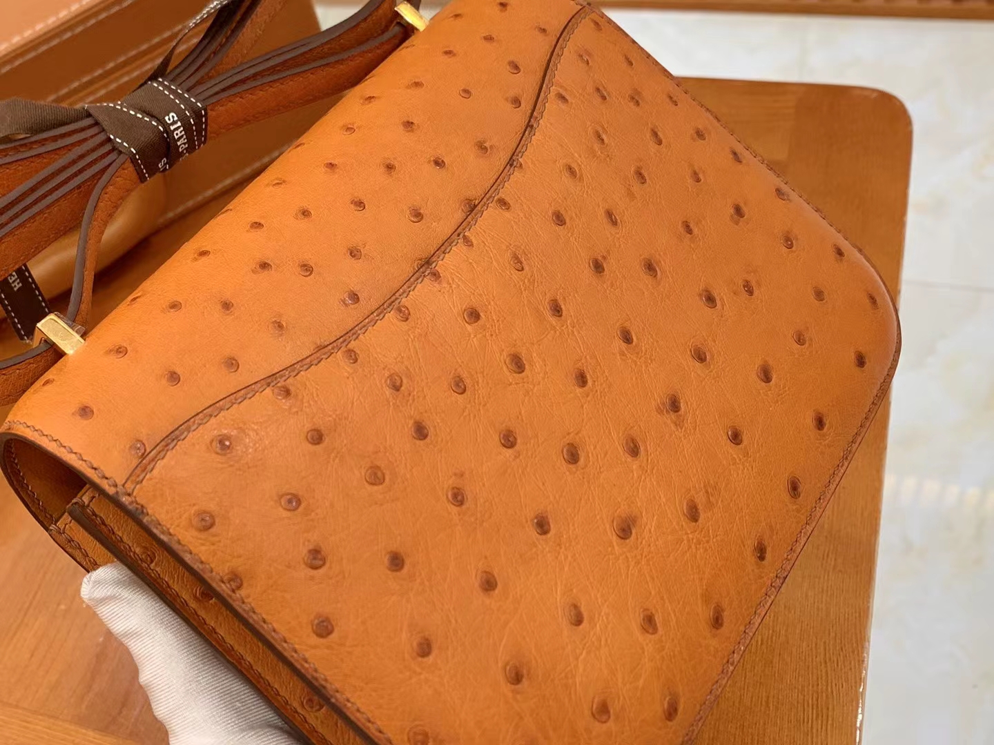 HERMES 爱马仕 Constance 空姐包 19cm 南非KK鸵鸟皮 Ostrich 93 Orange 橙色 进口蜜蜡线 全手工制作