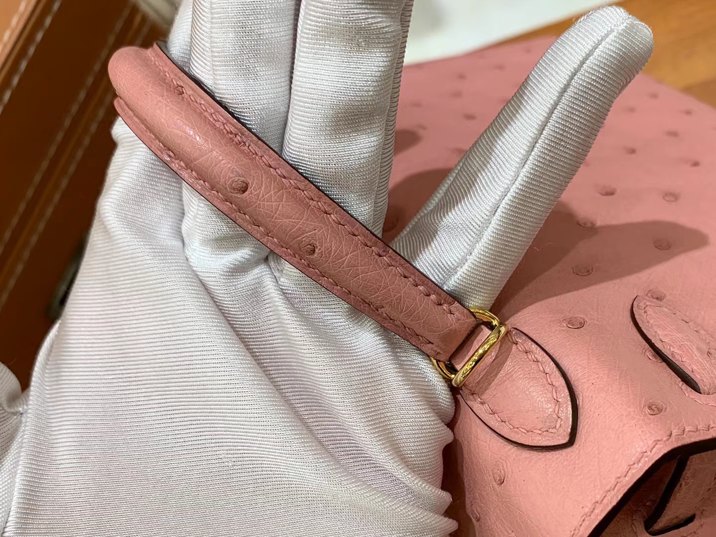 HERMES 爱马仕 Mini kelly 二代 南非KK级鸵鸟皮 Ostrich  陶瓷粉CC94  进口蜜蜡线 全手工制作