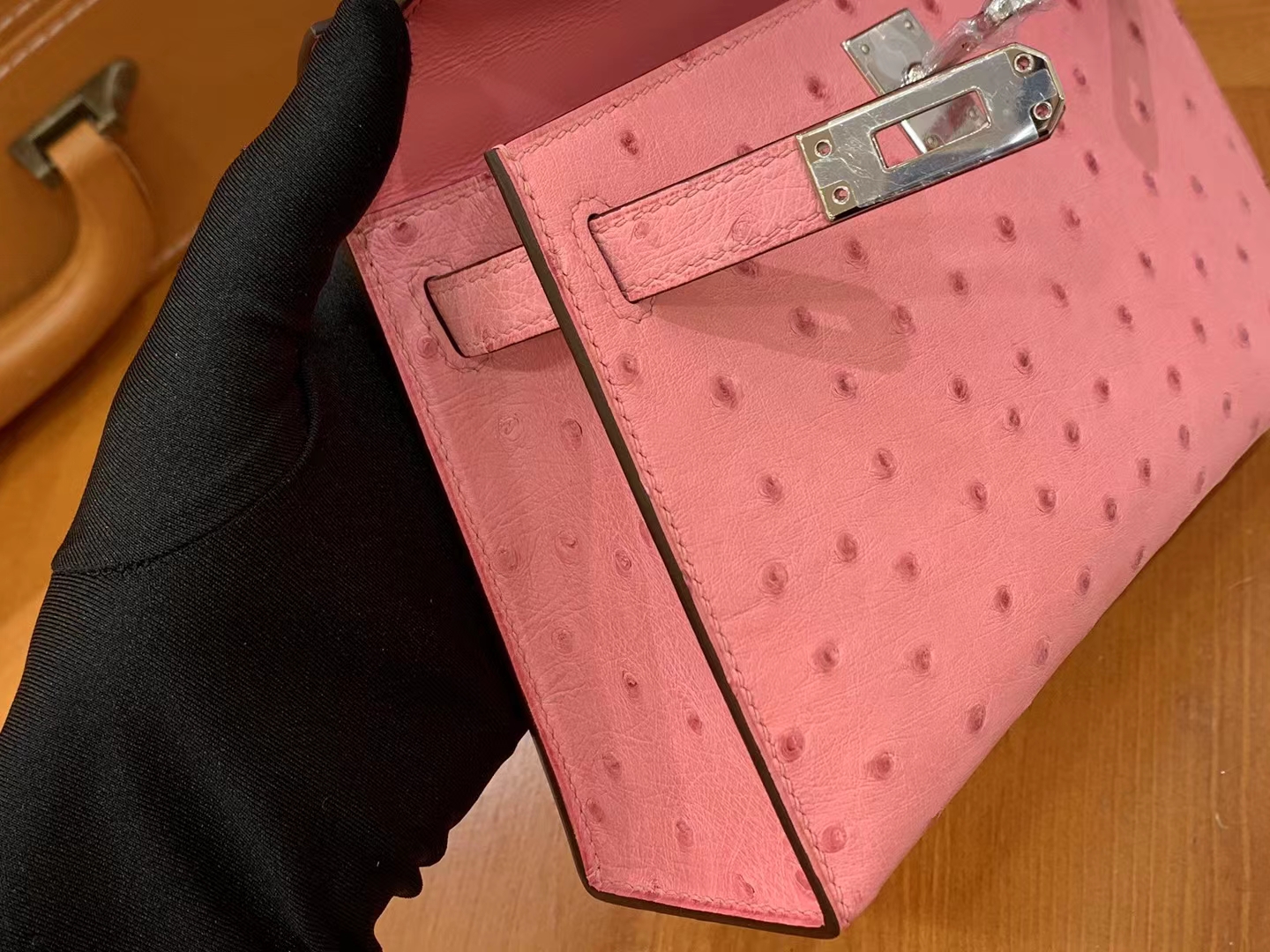 HERMES 爱马仕 Mini kelly 二代 南非KK级鸵鸟皮 Ostrich 3Q 樱花粉 进口蜜蜡线 全手工制作