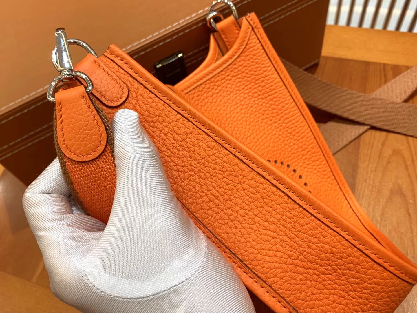 HERMES 爱马仕 伊芙琳17cm 9T 火焰橙 进口TC大牛皮 银扣 进口蜜蜡线 全手工制作