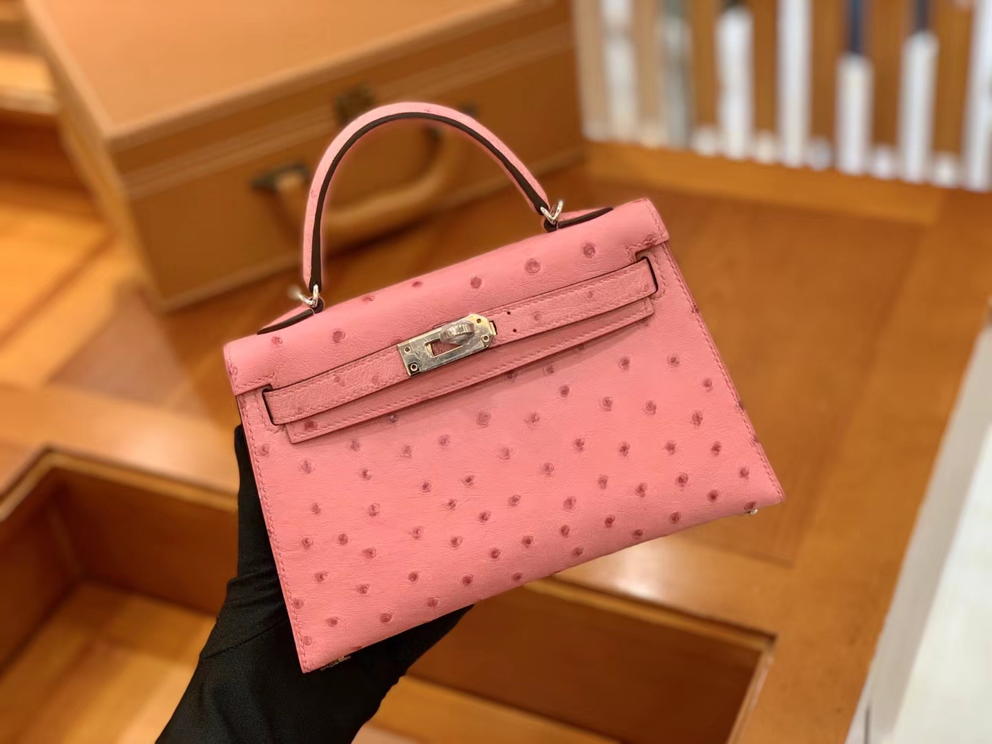 HERMES 爱马仕 Mini kelly 二代 南非KK级鸵鸟皮 Ostrich 3Q 樱花粉 进口蜜蜡线 全手工制作